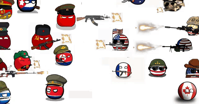 a bunch of cartoon balls with guns including one that says canada