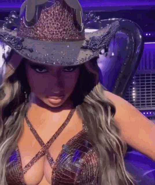 a woman is wearing a cowboy hat and a very revealing top .