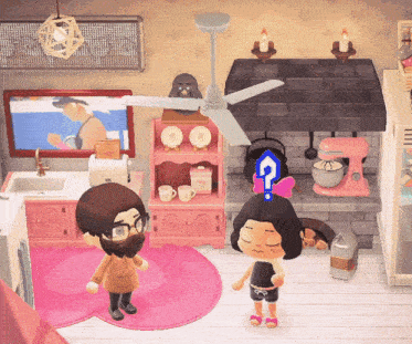 a man and a woman are standing in a kitchen with a question mark on their head