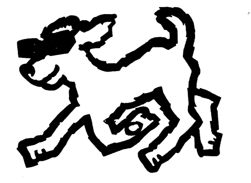 a black and white drawing of a dog with a swirl around its tail
