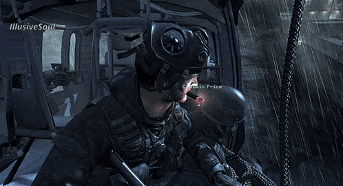 a man wearing a gas mask is sitting in a helicopter with illusive son written on the bottom of the screen