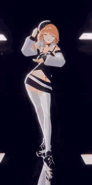 a 3d rendering of a woman in a black and white outfit standing in front of a dark background .