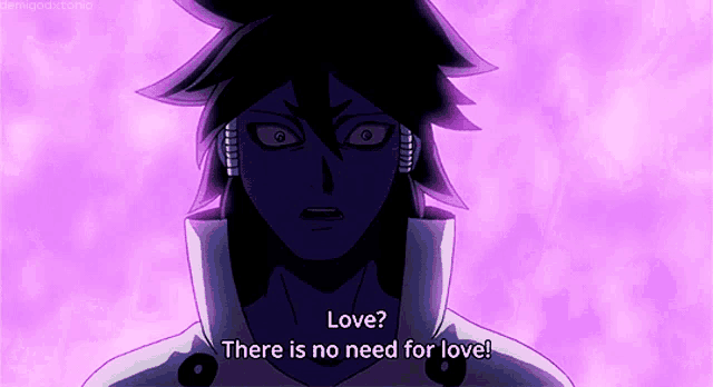 a purple and black anime character says " love "