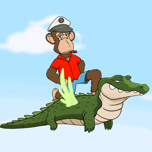 a cartoon monkey is riding on the back of a crocodile