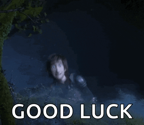 a cartoon character is giving a thumbs up and the words good luck are below him