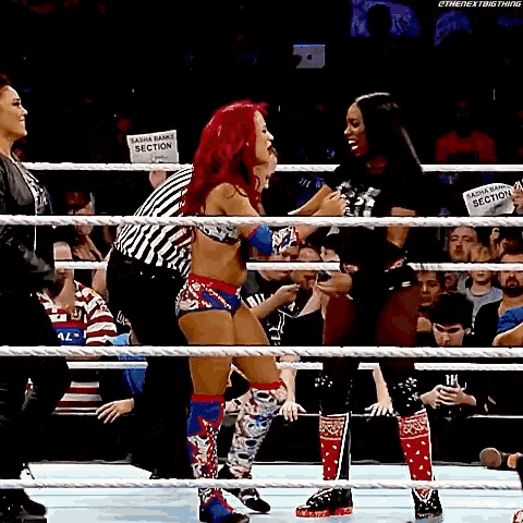 a woman in a wrestling ring with a sign that says sasha banks section on it
