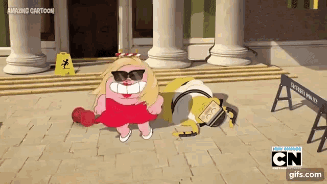 a cartoon character wearing sunglasses and a red dress