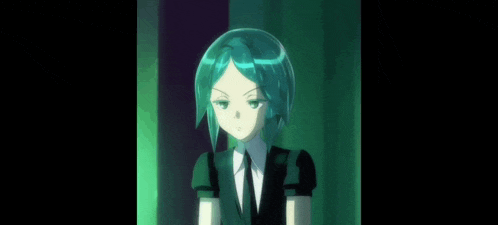 a close up of a cartoon character with green hair and a black suit .
