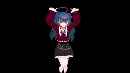 a girl with blue hair and red eyes is wearing a red top and black skirt