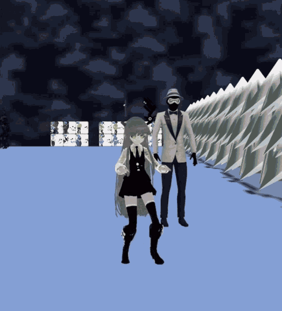 a man in a tuxedo stands next to a girl in a black outfit