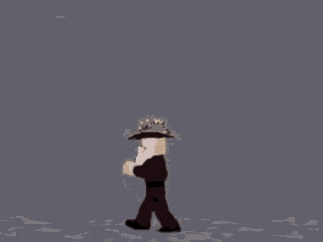 a cartoon character is walking with a hat on