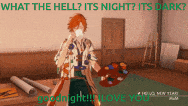 a cartoon of a man holding a palette with the words " what the hell its night its dark " behind him