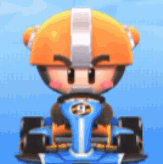 a cartoon character is driving a blue and orange go kart .