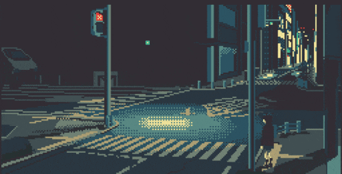 a pixel art of a crosswalk at night with a red cross on the traffic light