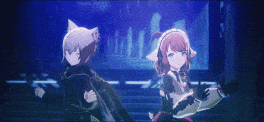 a couple of anime characters standing next to each other in a dark room