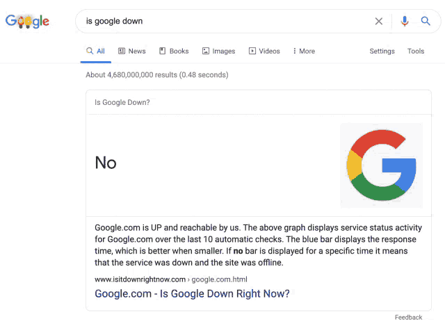 a google search for " is google down " shows a screenshot