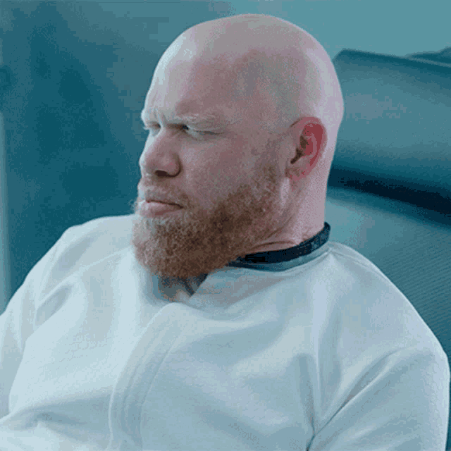 a bald man with a beard wearing a white shirt