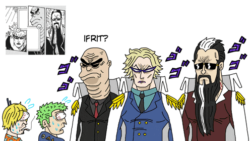 a cartoon of a group of men standing next to each other with the word ifrit below them
