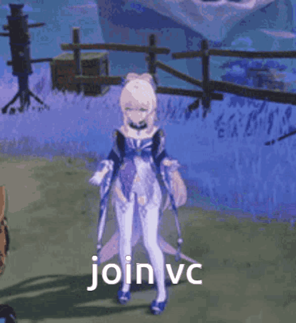 a girl is standing in a field with the words `` join vc '' written on the ground .