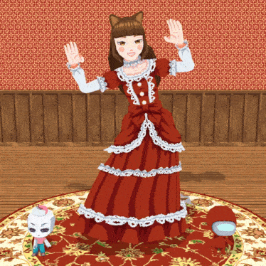 a girl in a red dress is standing on a rug next to among us