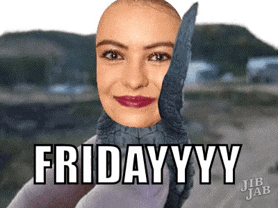 a woman is holding a knife in front of her face and the words fridayyyy are above her