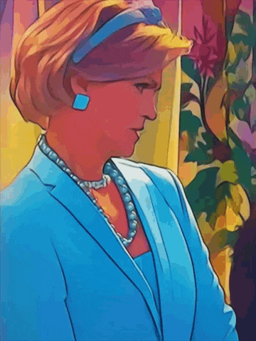 a woman wearing a blue jacket and pearls is looking down