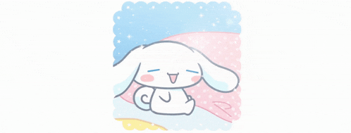 a drawing of a bunny sleeping on a pink and blue blanket