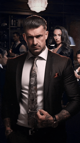 a man in a suit has a tattoo on his arm that says ' i '