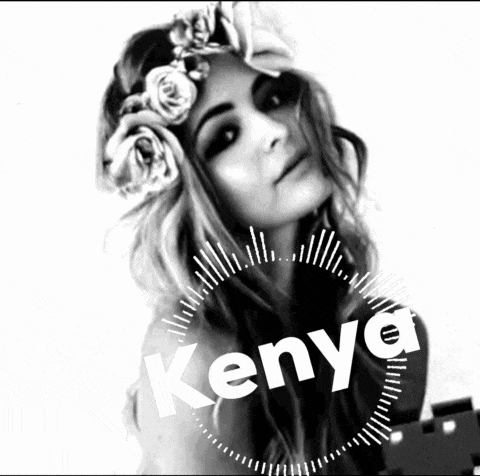 a black and white photo of a woman wearing a flower crown with the name kenya written in the center