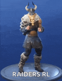 a statue of a viking dancing with the words raiders rl written on the bottom .