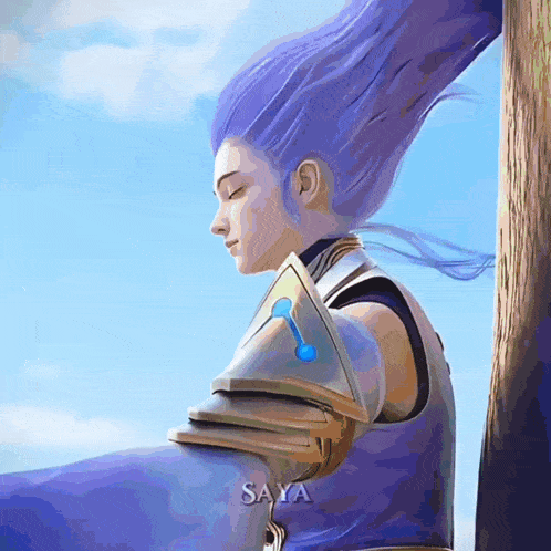 a painting of a woman with purple hair and the name saya