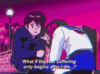 a pixelated cartoon of a boy and a girl talking about suffering