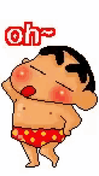 a pixel art of a cartoon character without a shirt and polka dot shorts .