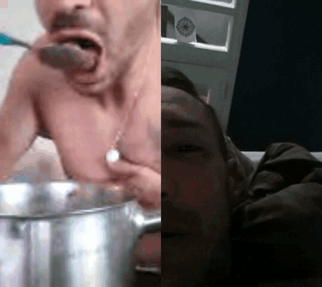 a man without a shirt is holding a spoon in his mouth next to another man holding a spoon in his mouth