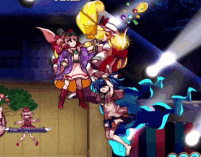 a cartoon drawing of a group of girls playing a musical instrument