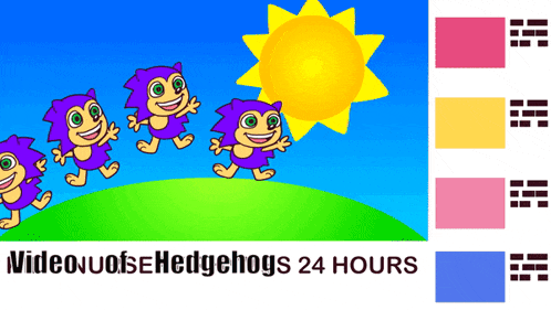 a cartoon of purple hedgehogs on a hill with the words videowoofs hedgehogs 24 hours below them