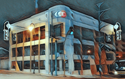 a painting of a building with the letters cic on the side