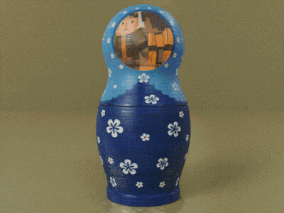 a blue green and red nesting doll with white flowers on them
