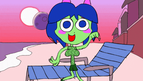 a cartoon drawing of a girl sitting on a beach