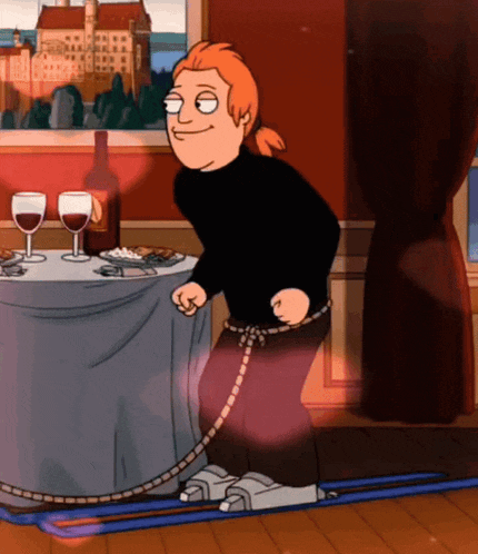 a cartoon character is standing next to a table with two glasses of wine