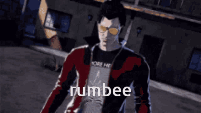 a man wearing sunglasses and a t-shirt that says rumbee is standing in front of a building