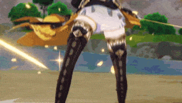 a close up of a person 's legs in a video game with a bow and arrow .