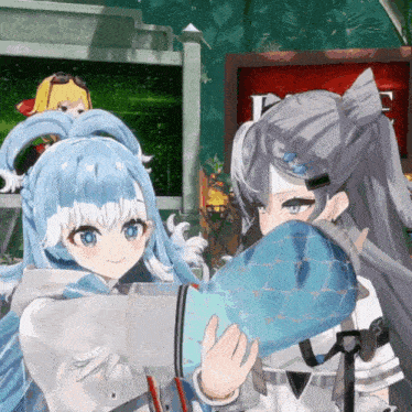 two anime girls are standing next to each other and one is holding a blue object