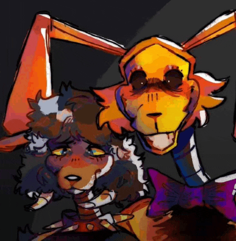 a drawing of a rabbit and a sheep with a yellow mask on .