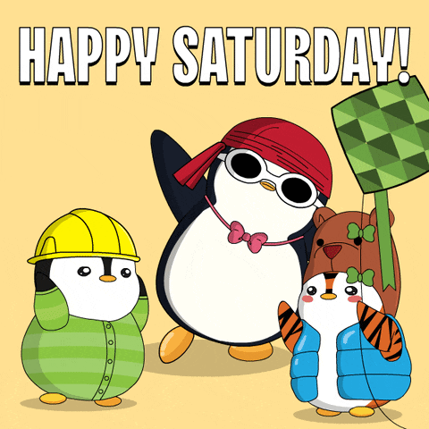 a happy saturday greeting card with three penguins and a bear