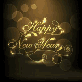 a gold happy new year greeting card with a black background