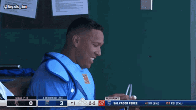 salvador perez is sitting in the dugout during a baseball game against the royals