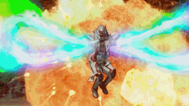 a man in a superhero costume is flying through the air surrounded by fire and explosions