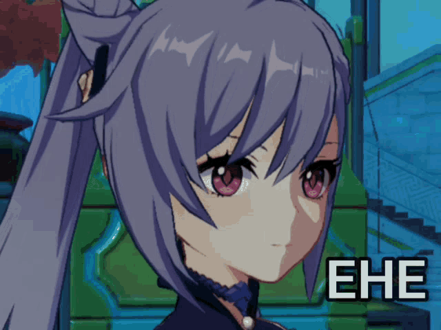 a picture of a girl with purple hair and the letters eh and eh on the bottom