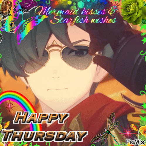 a picture of a man wearing sunglasses with the words happy thursday on it